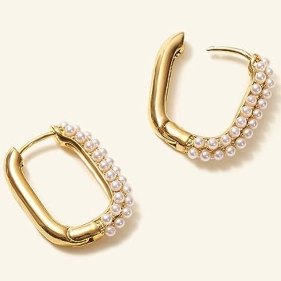 Gold and Pearl Rectangle Hoops Rectangular Pretty Hoop Earrings Pave Pearls New - Picture 1 of 8